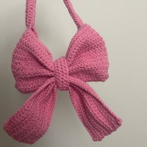 Pink Crochet Handmade Bow Bag / Ribbon Bag Purse / Shoulder Bag / Handbag / Tote